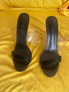 Tony Bianco Black Slide Heels with Clear PVC Strap size 8.5